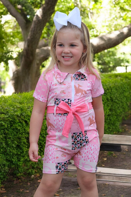 Pink western printed girls romper. SR031901-