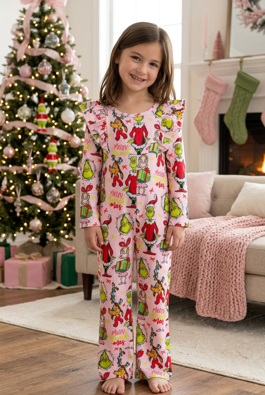 Pink Christmas character printed jumpsuit. LR0505-22-Mon