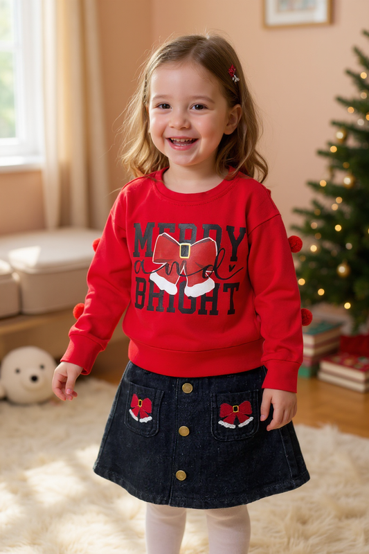 "Merry & Bright" Red pom pom sleeve sweatshirt & denim skirt.