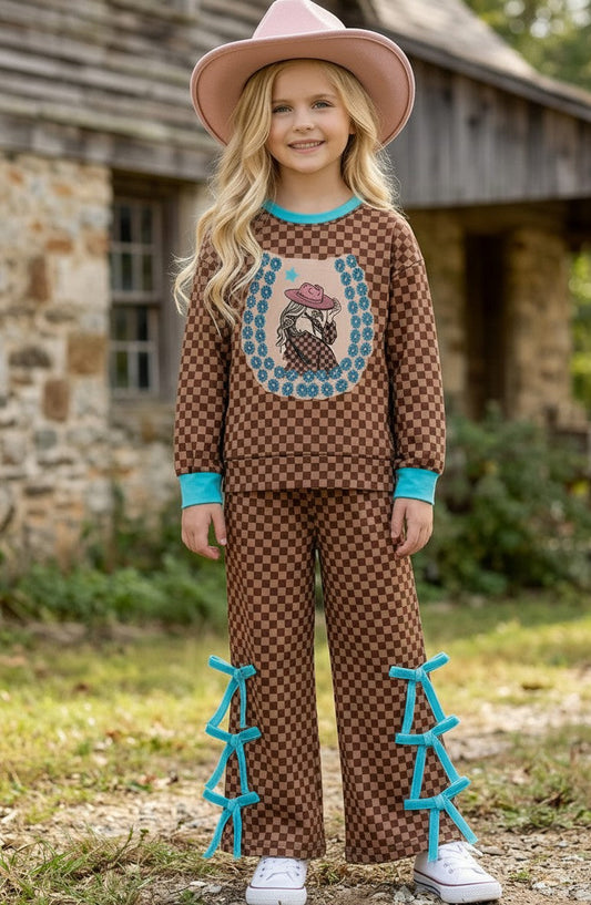 Brown & tan checkered girls 2 piece set. OFG61136 AMY