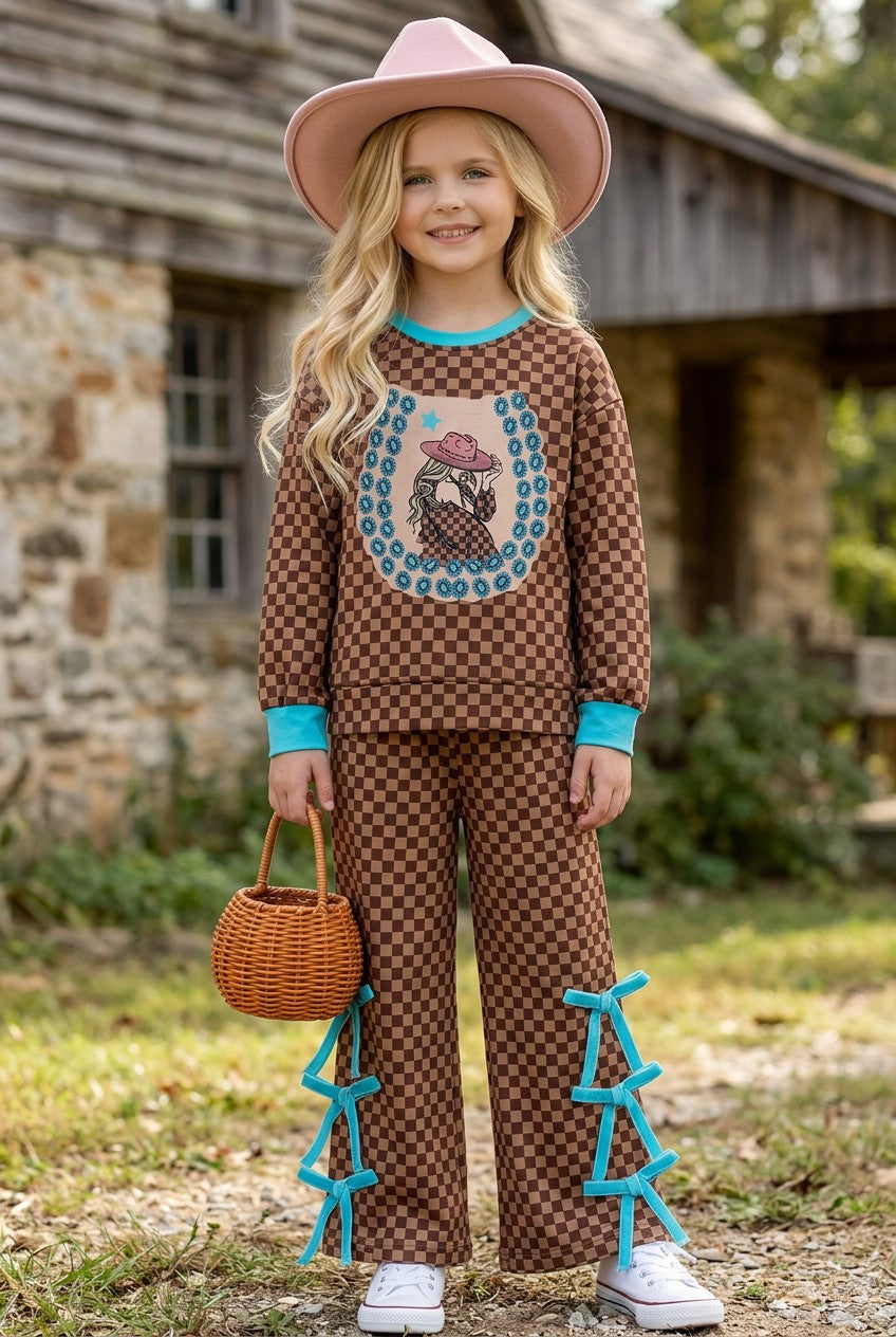 Brown & tan checkered girls 2 piece set. OFG61136 AMY