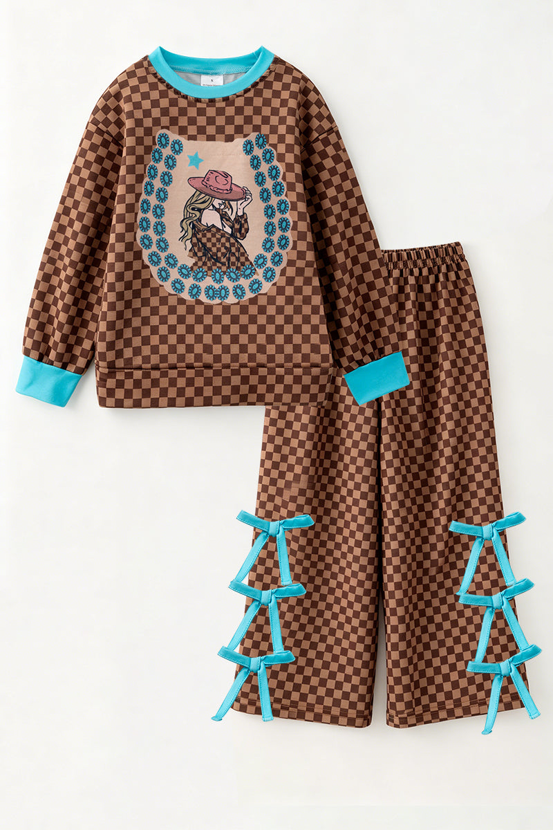 Brown & tan checkered girls 2 piece set. OFG61136 AMY