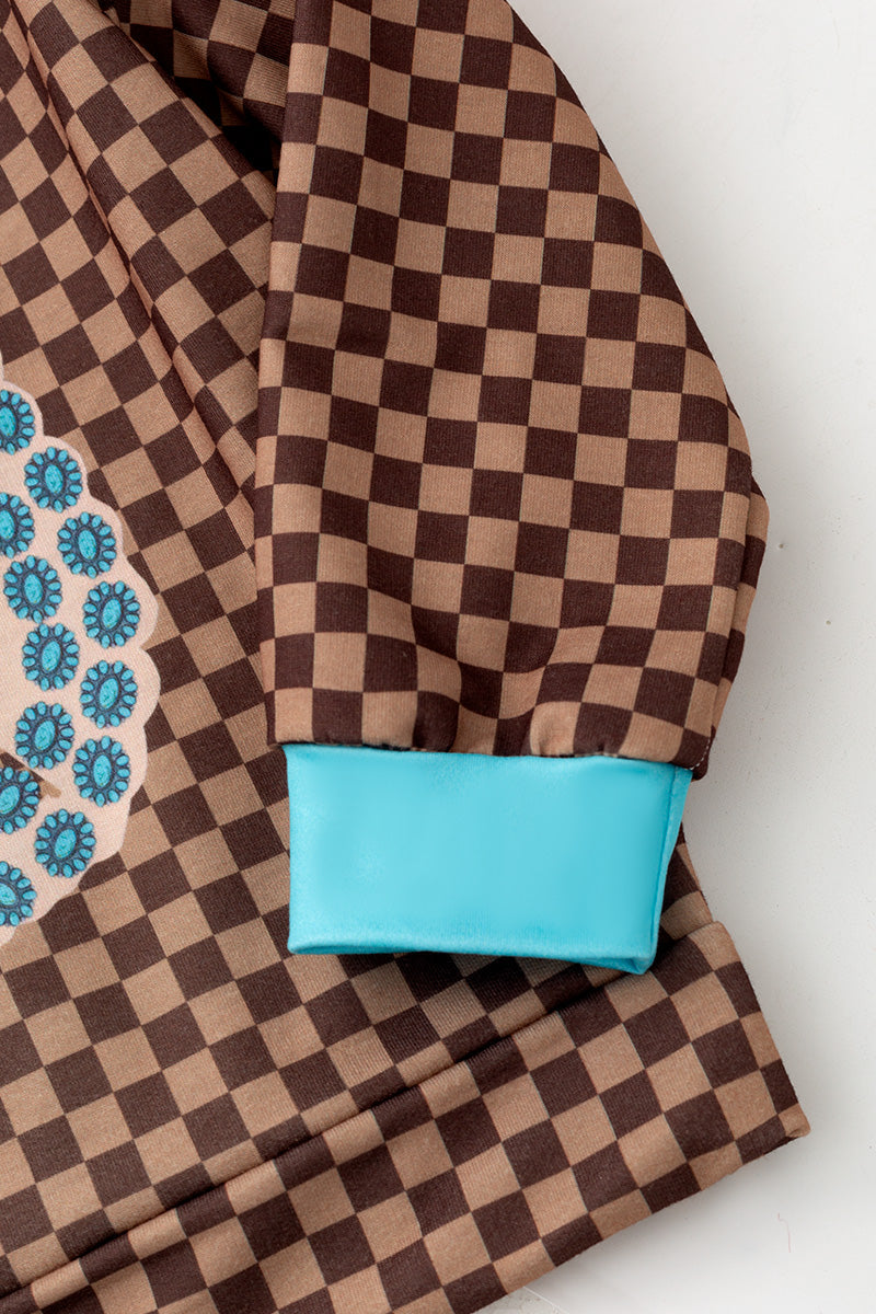 Brown & tan checkered girls 2 piece set. OFG61136 AMY