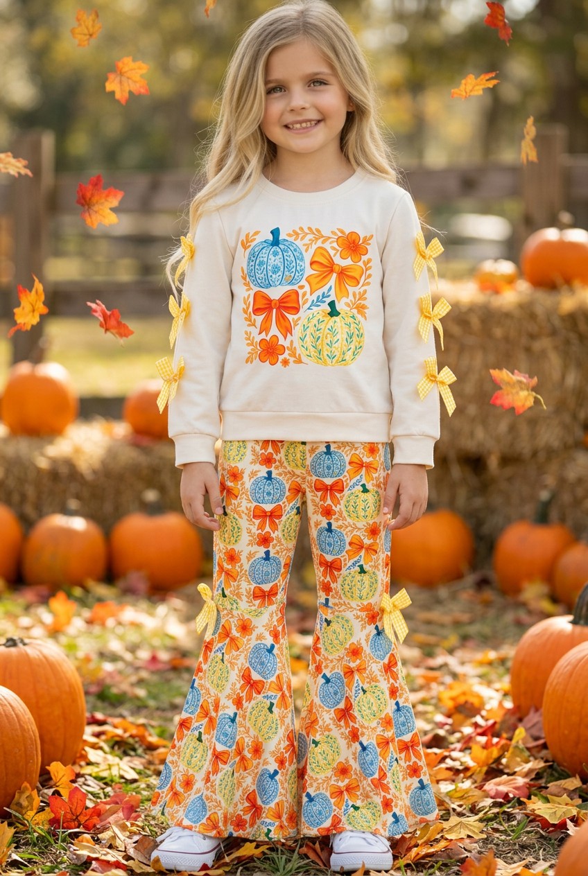 Bow & pumpkin printed on ivory & printed bottoms. OFG61137 -S-
