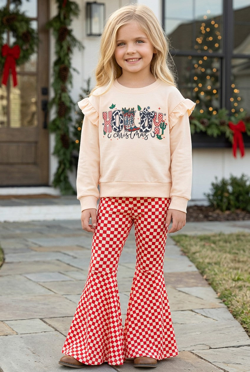 Howdy Christmas pullover sweatshirt & red checkered bell bottoms. OFG61138 -S-