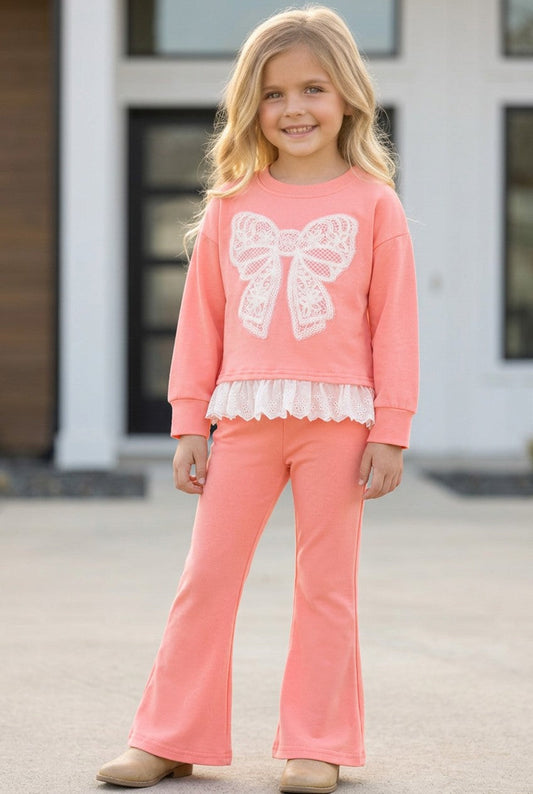 Lt. Coral Cream lace bow and ruffle hem and coral pants. OFG61397-S