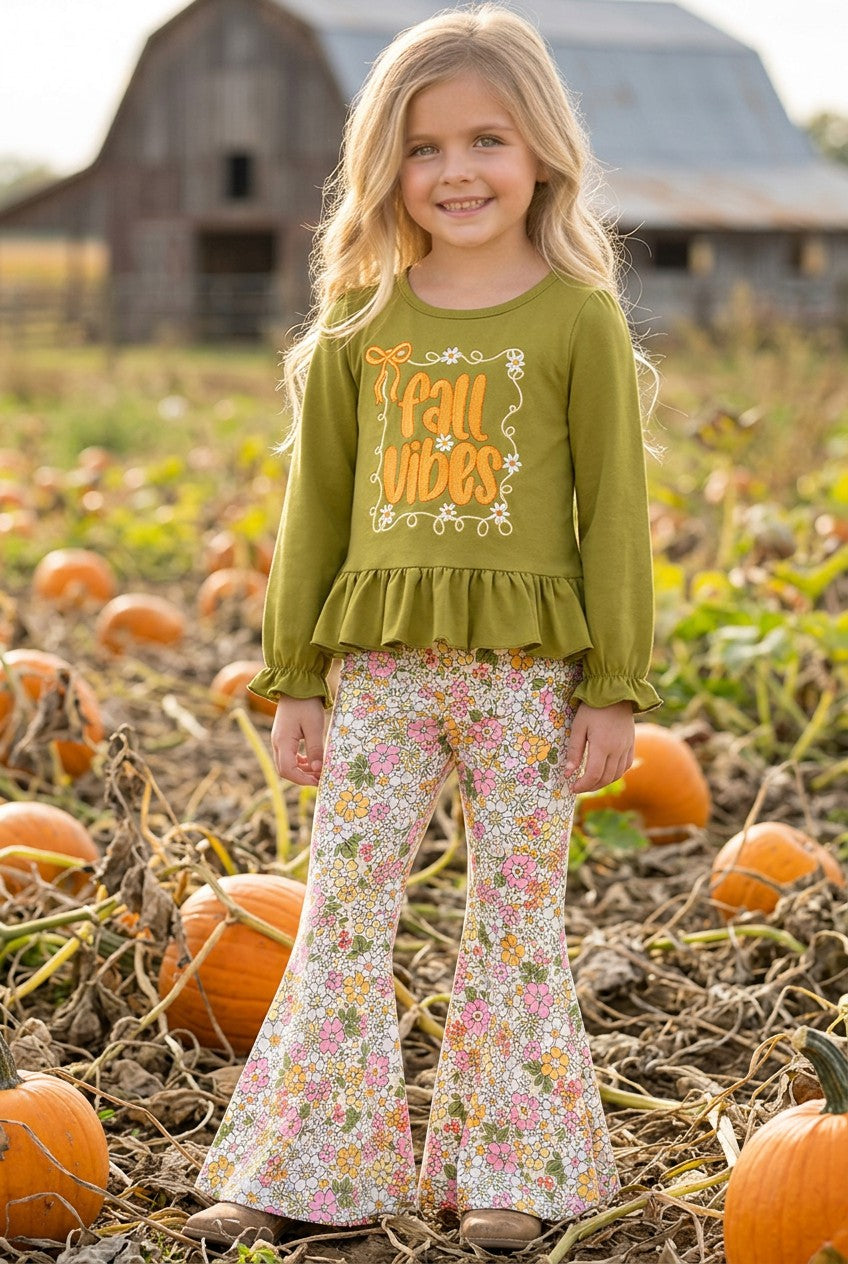 "Fall Vibes" Green embroidered top w/ruffle hem and floral bell bottoms. OFG61402 AMY