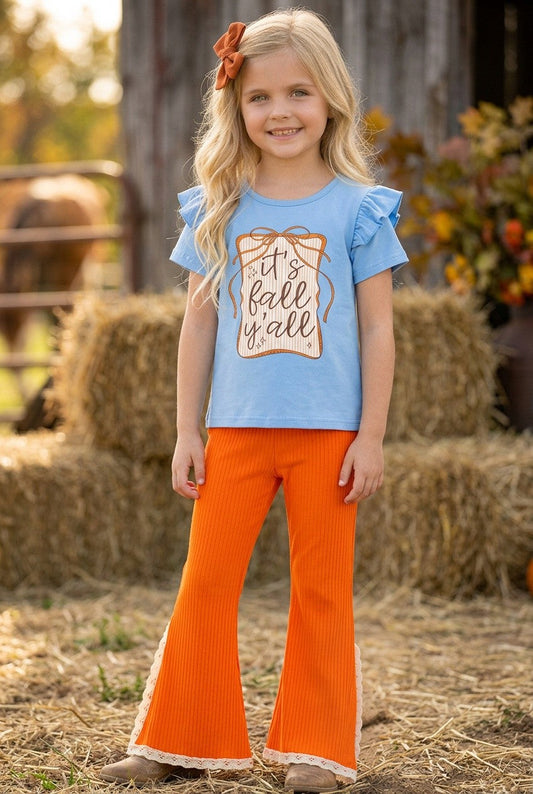 Fall Y'all" Blue ruffle top and orange pants with ivory lace hem. OFG61411