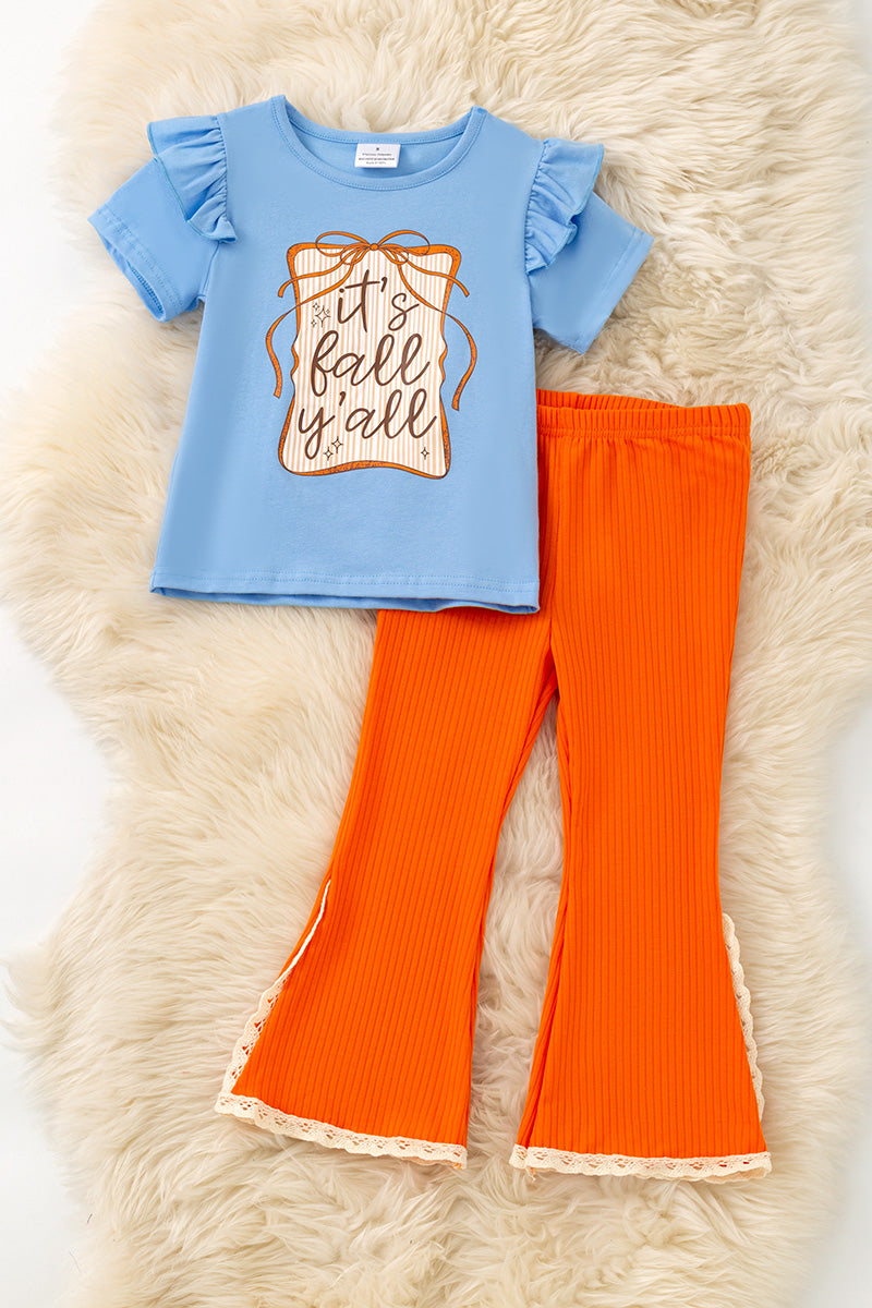 Fall Y'all" Blue ruffle top and orange pants with ivory lace hem. OFG61411