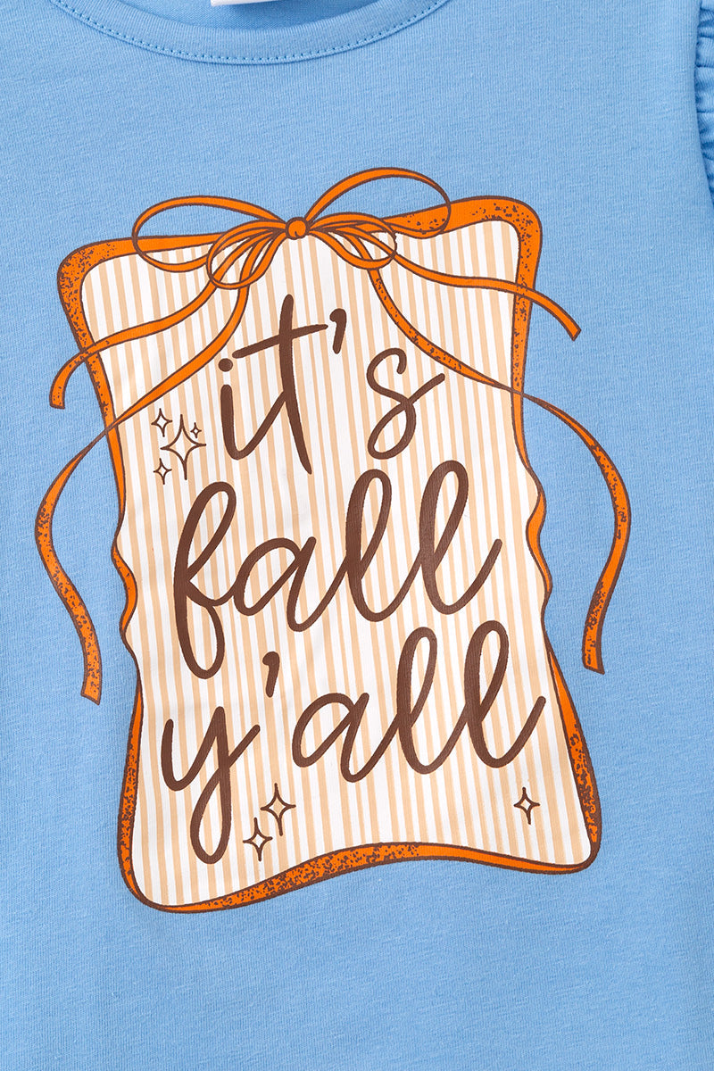 Fall Y'all" Blue ruffle top and orange pants with ivory lace hem. OFG61411