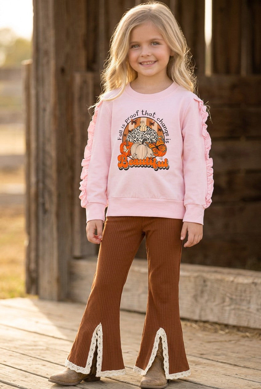 "Fall is proof that change is Beautiful" Pink sweatshirt & brown pants.OFG61414 AMY