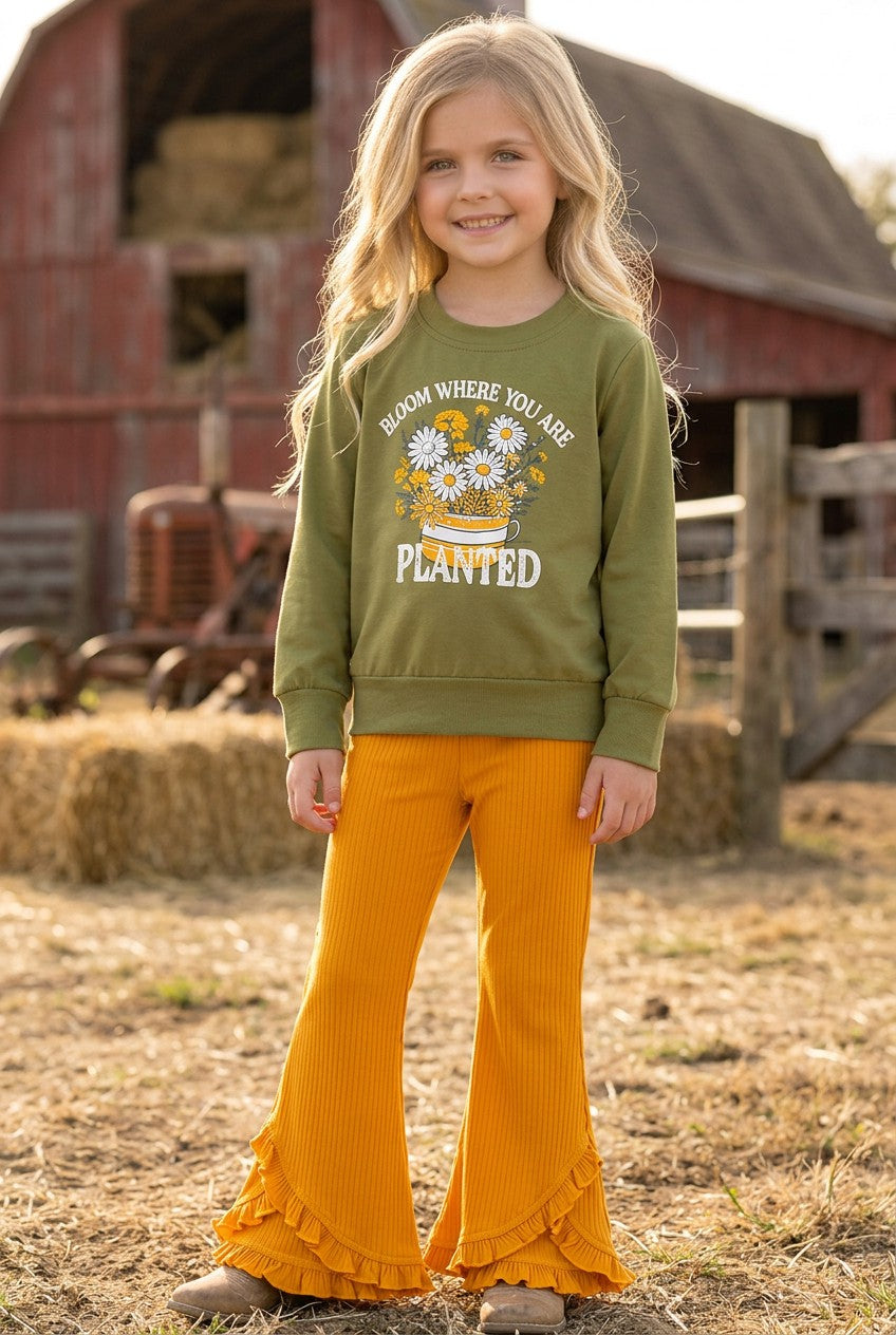 "Bloom where you are planted" Green top and mustard pants.  OFG61419 JEAN