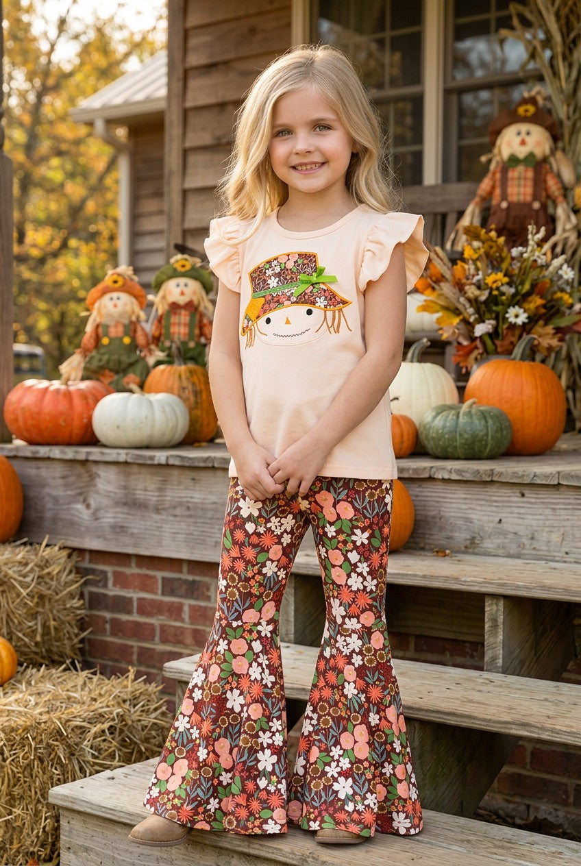 Scarecrow applique top and brown floral bell bottoms. OFG61420