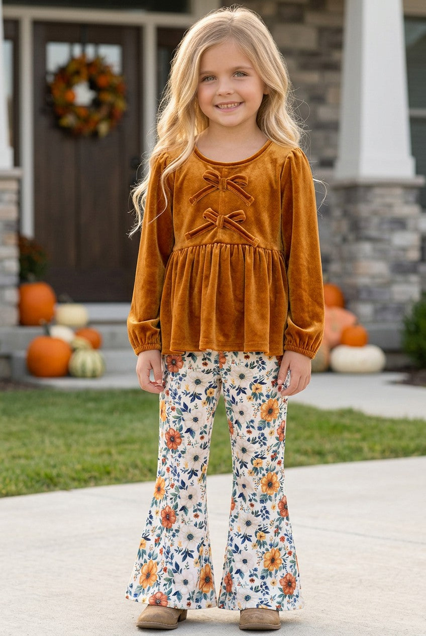 Golden brown velvety long sleeve top and floral bottoms. OFG61421 MON