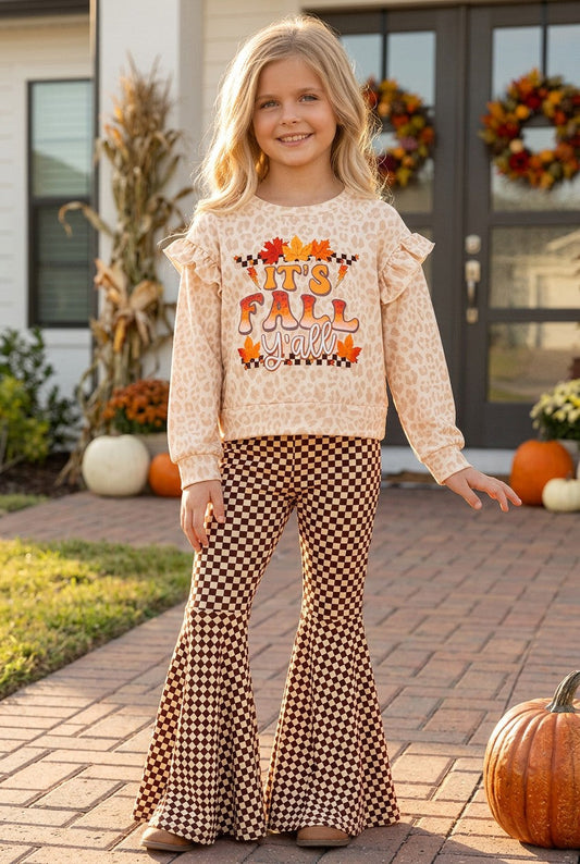 It's fall y'all cheetah printed sweatshirt and checkered bell bottoms. OFG61493 -A-