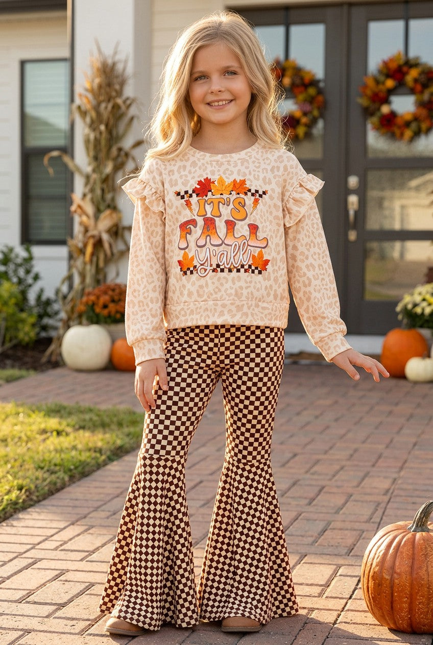 It's fall y'all cheetah printed sweatshirt and checkered bell bottoms. OFG61493 -A-