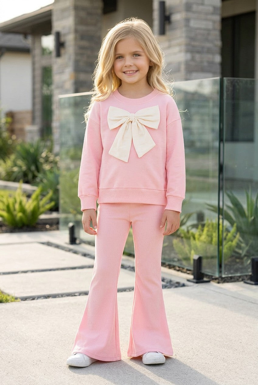 Lt Pink top & bottom set with front bow on sweater. OFG61494