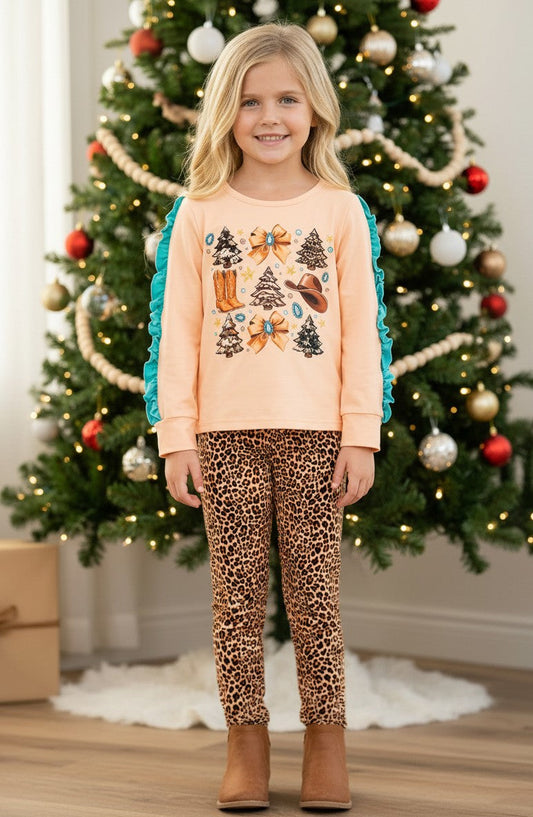 Western Christmas printed top with ruffle trim on sleeves and leopard leggings. OFG61534 AMY