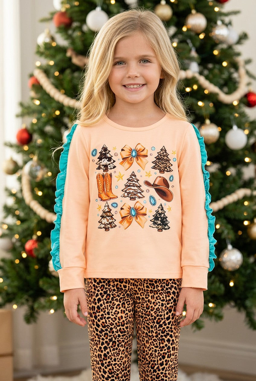 Western Christmas printed top with ruffle trim on sleeves and leopard leggings. OFG61534 AMY