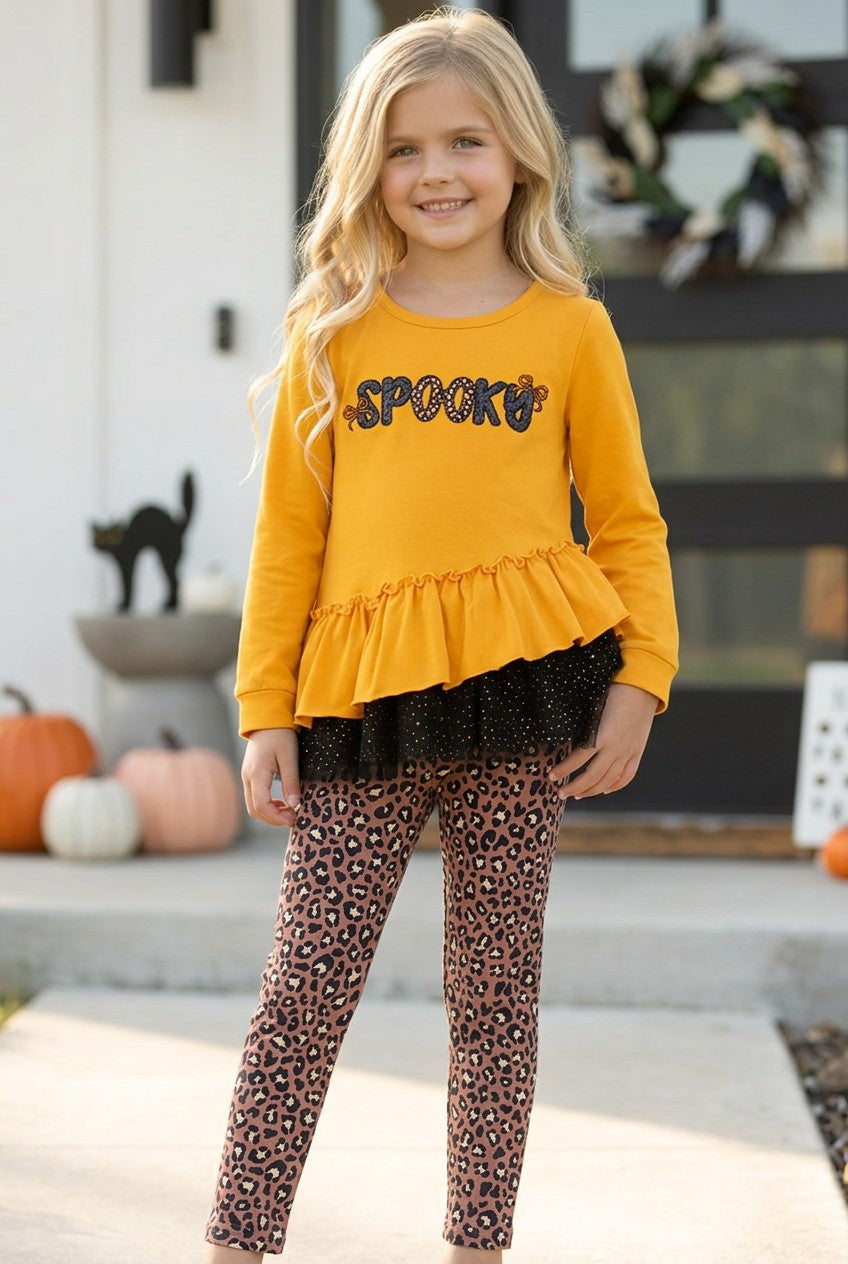 Mustard Spooky applique ruffle top & animal printed leggings. OFG61730 S-