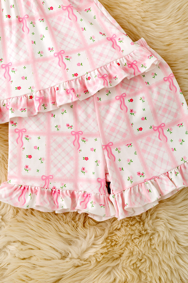 Pink Floral coquette bow printed tunic and ruffle shorts. OFG61874 -M-