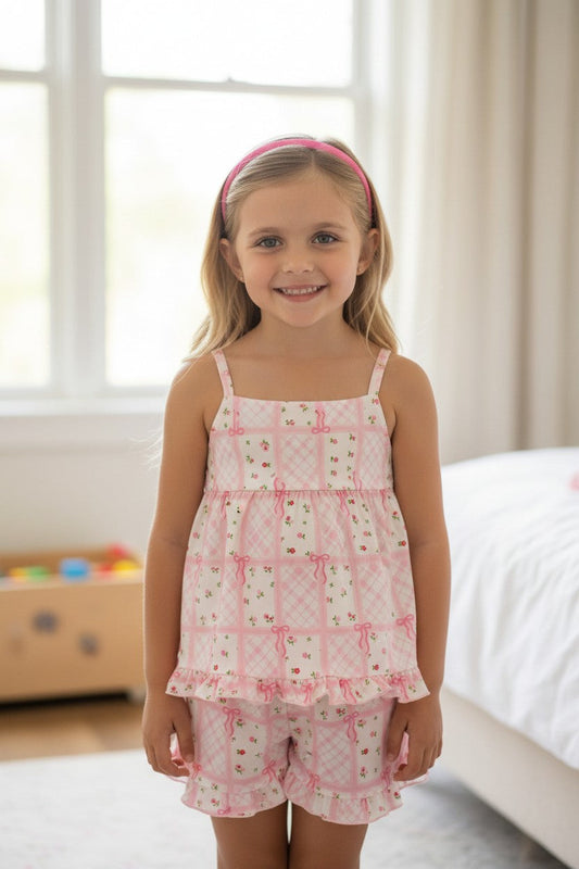 Pink Floral coquette bow printed tunic and ruffle shorts. OFG61874 -M-