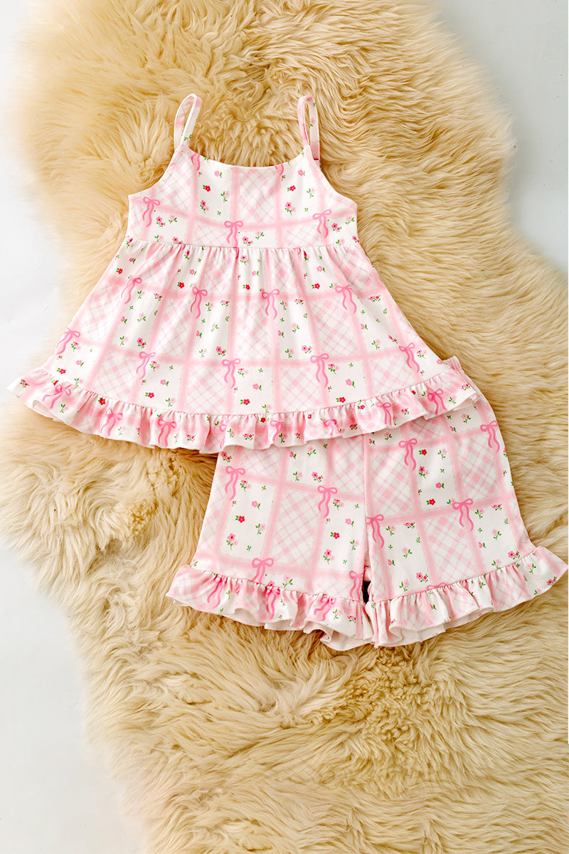 Pink Floral coquette bow printed tunic and ruffle shorts. OFG61874 -M-