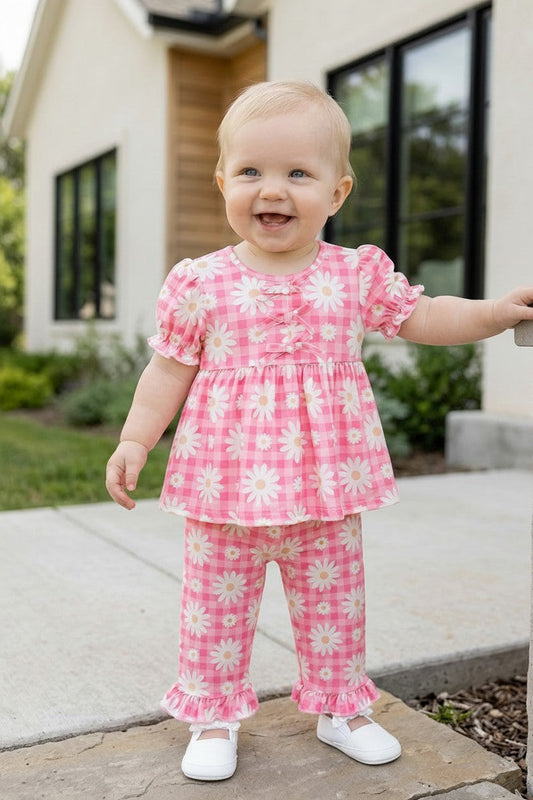 Pink plaid daisy printed girls 2 piece set. OFG61878 A