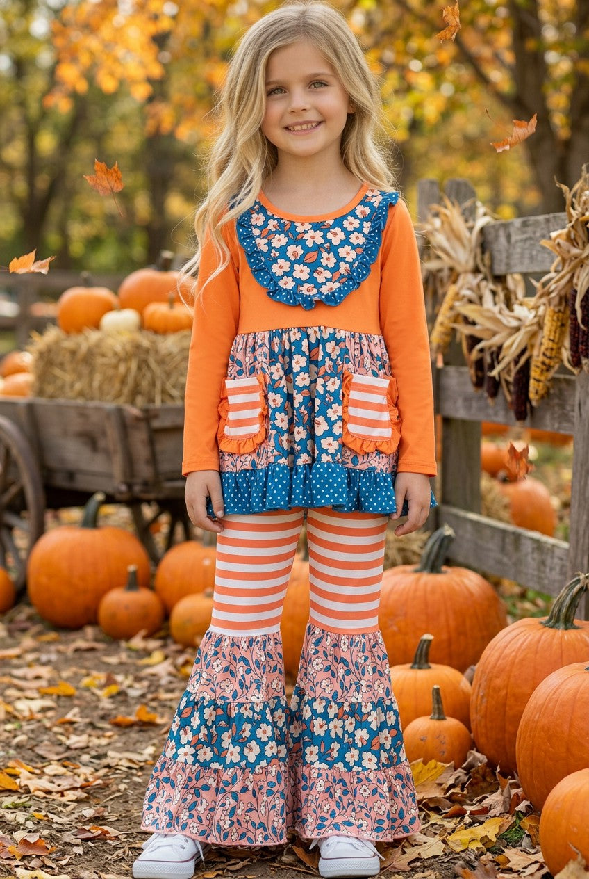 Blue Orange stripe & floral block ruffle tunic & bell bottoms. OFG61978 -A-