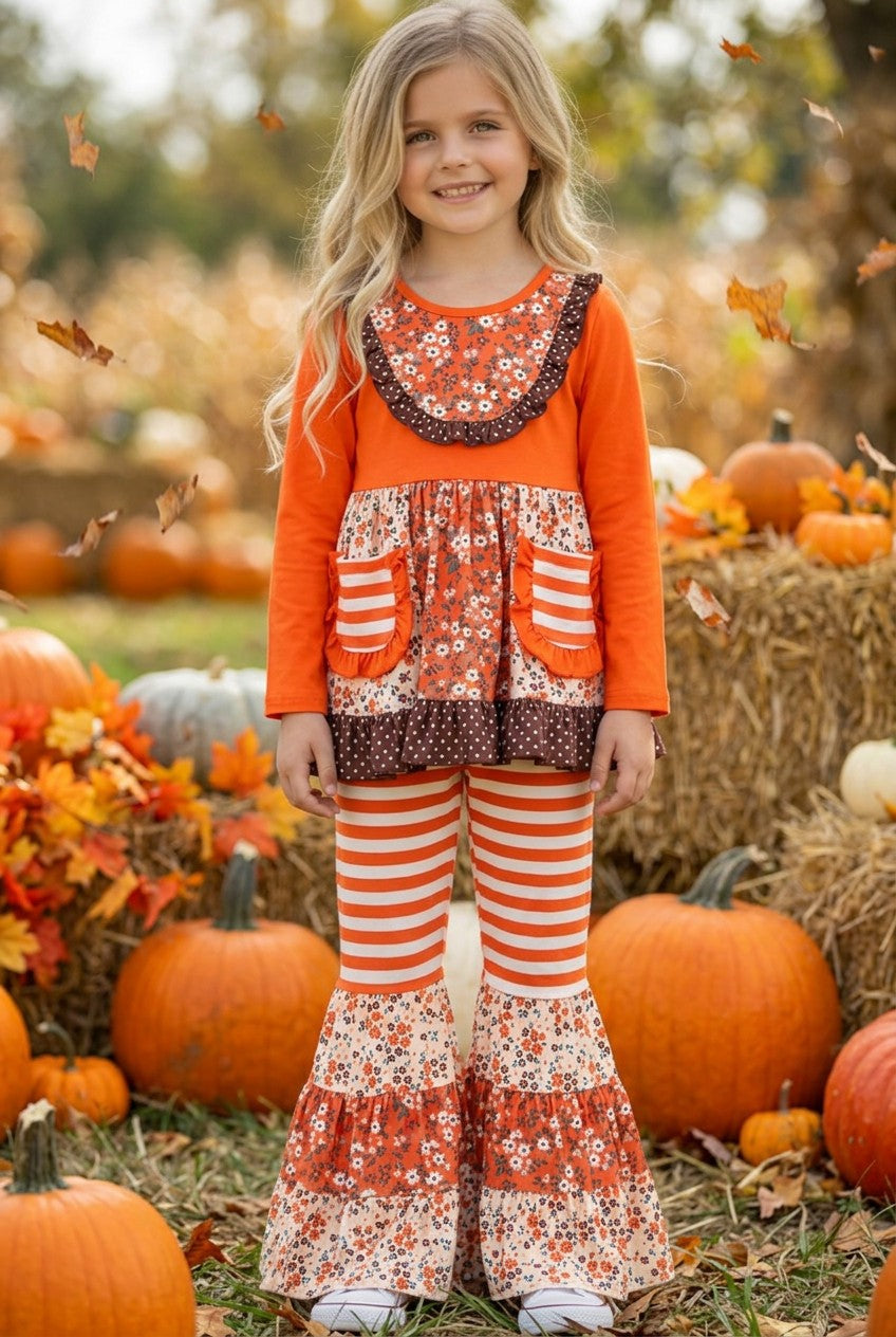 Stripe, floral multi-printed block in orange tone 2 piece set. OFG61979 -A-