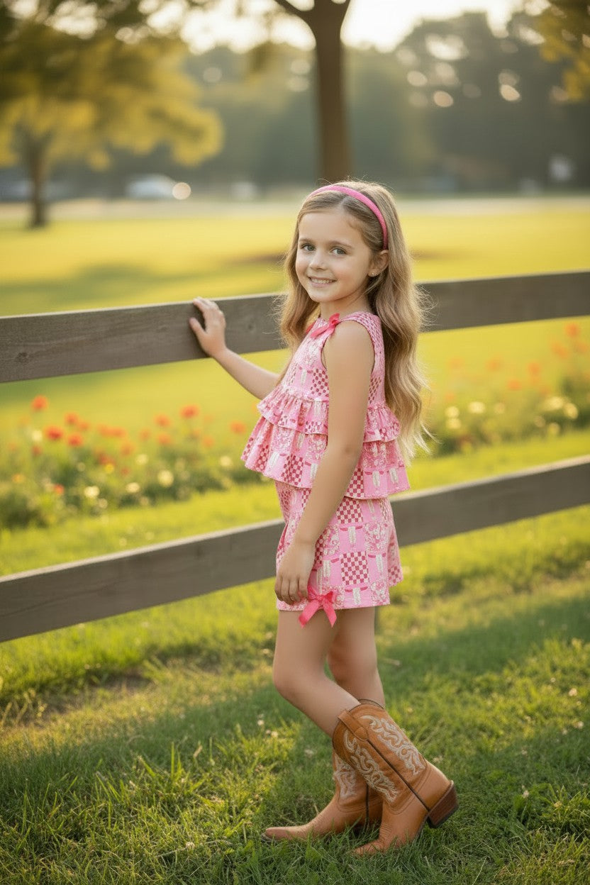 Bull skull pink printed ruffle top and shorts. OFG62614 S-
