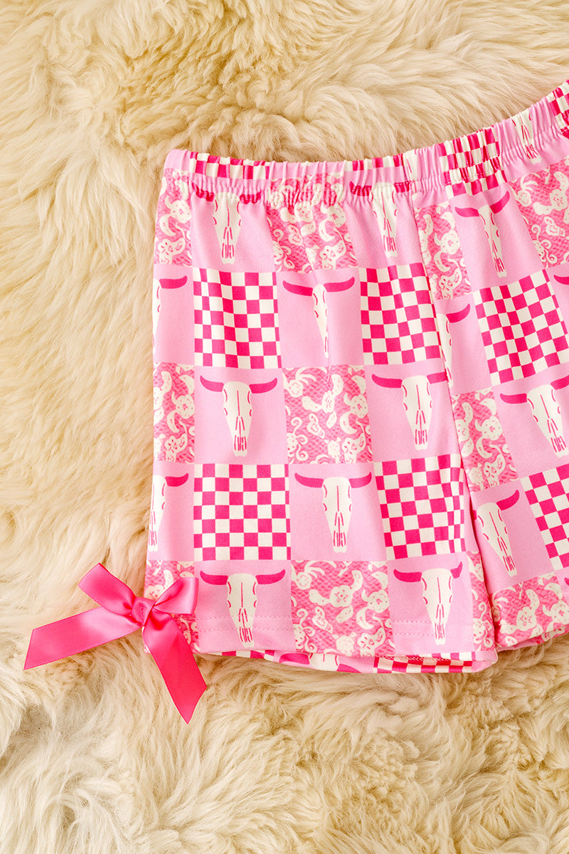 Bull skull pink printed ruffle top and shorts. OFG62614 S-