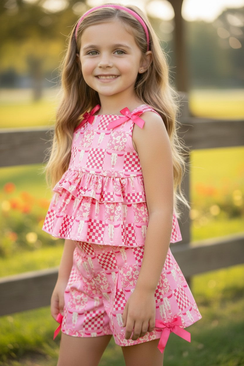 Bull skull pink printed ruffle top and shorts. OFG62614 S-