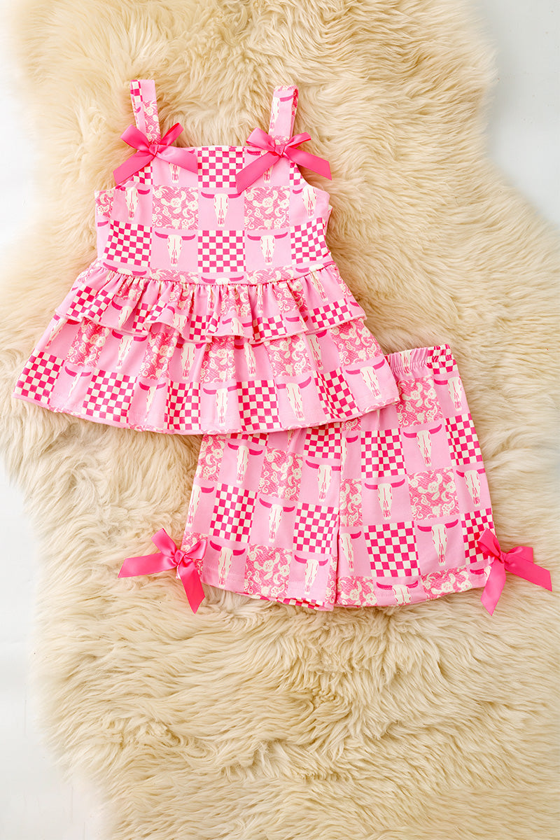 Bull skull pink printed ruffle top and shorts. OFG62614 S-