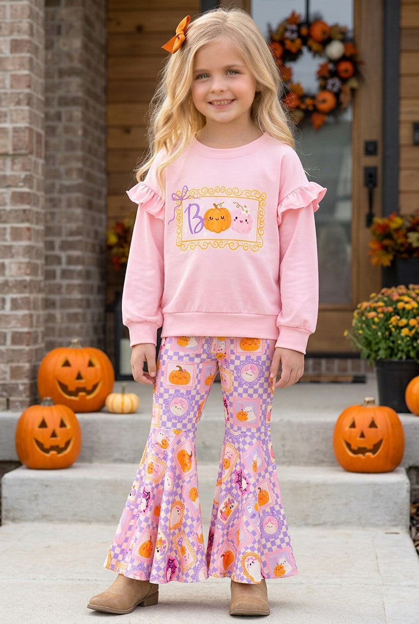 Boo" Pink Sweatshirt with checkered bell bottoms. OFG63143 MON