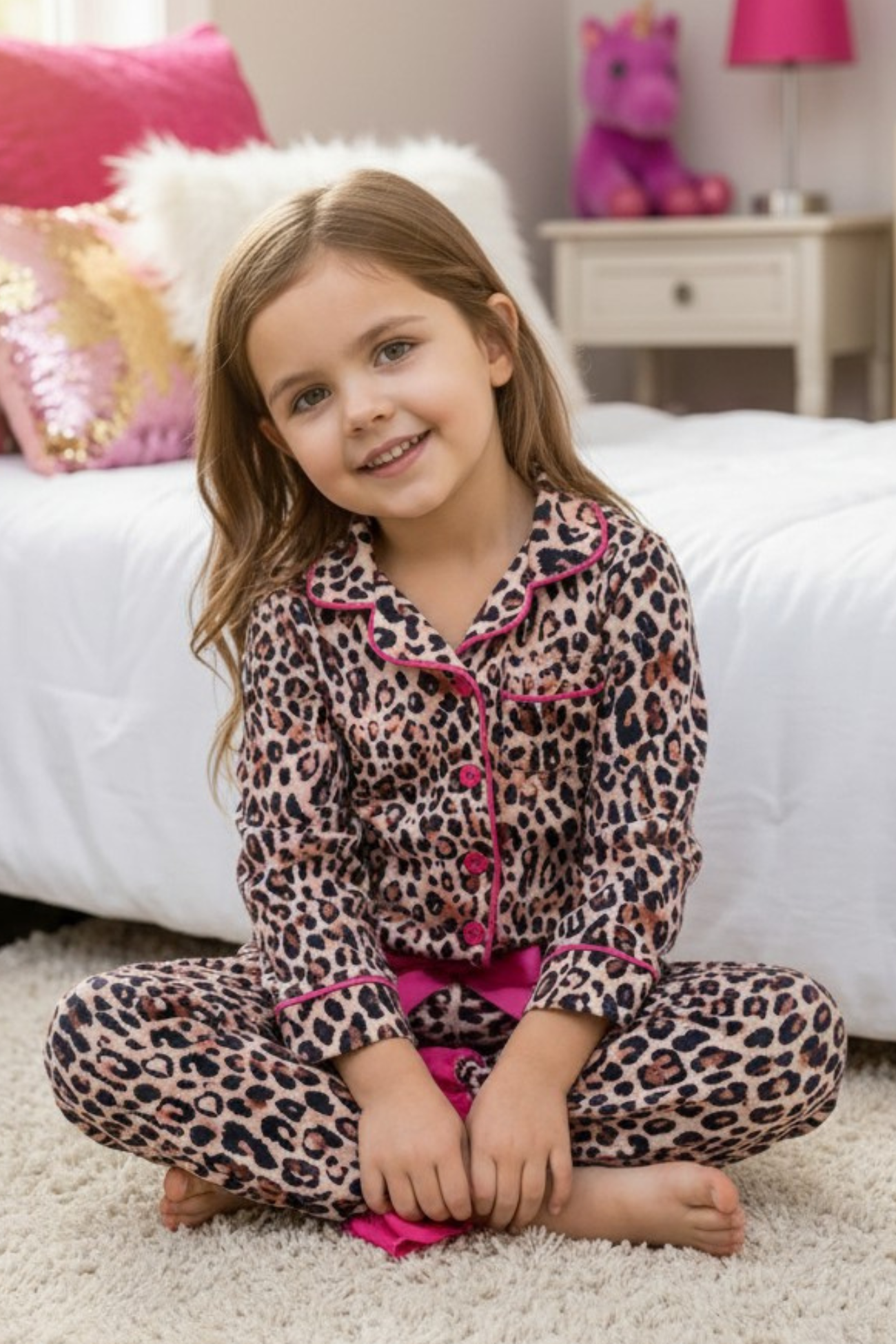 Animal printed pajamas with fuchsia hem.  PJG60352 -S-