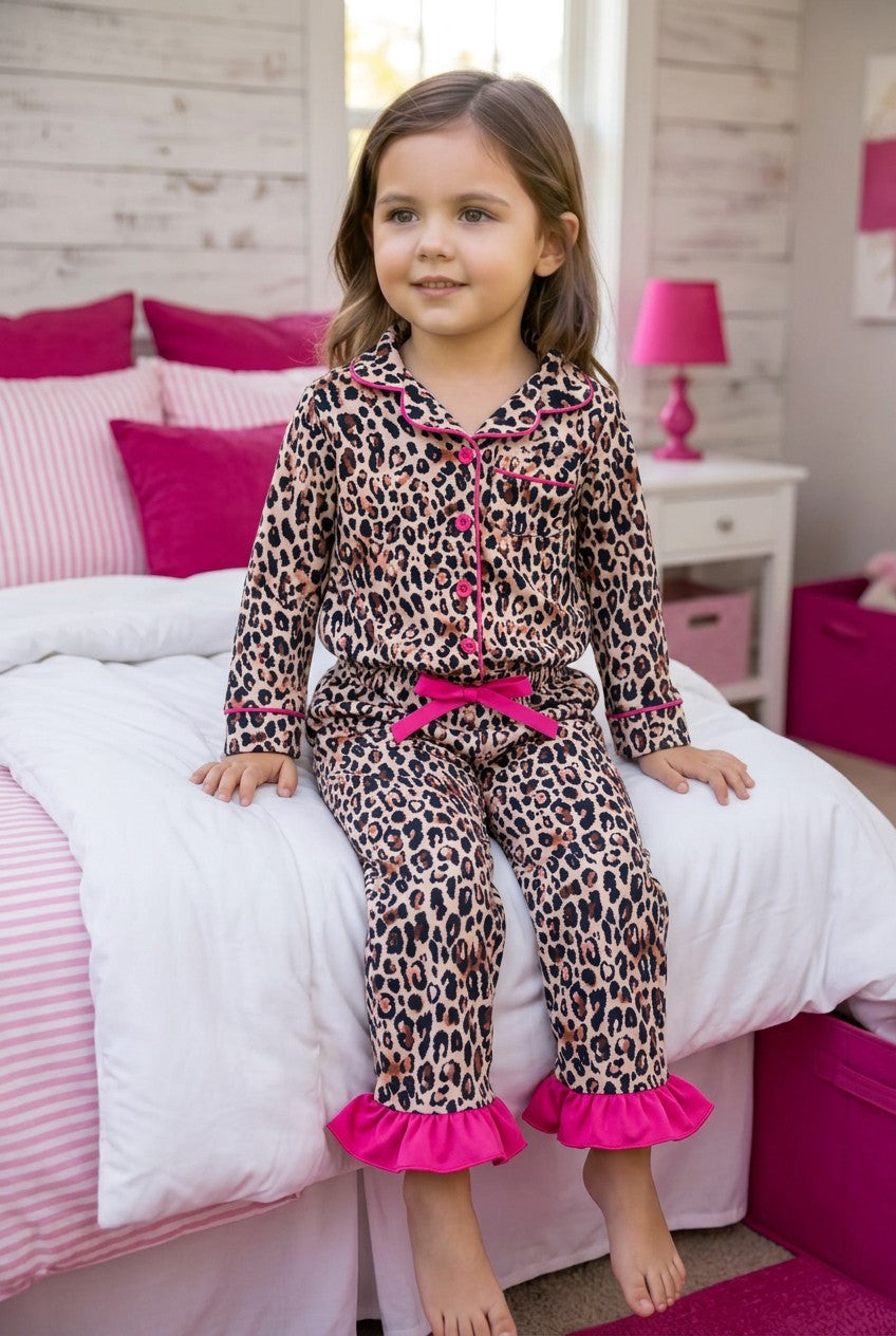 Animal printed pajamas with fuchsia hem.  PJG60352 -S-