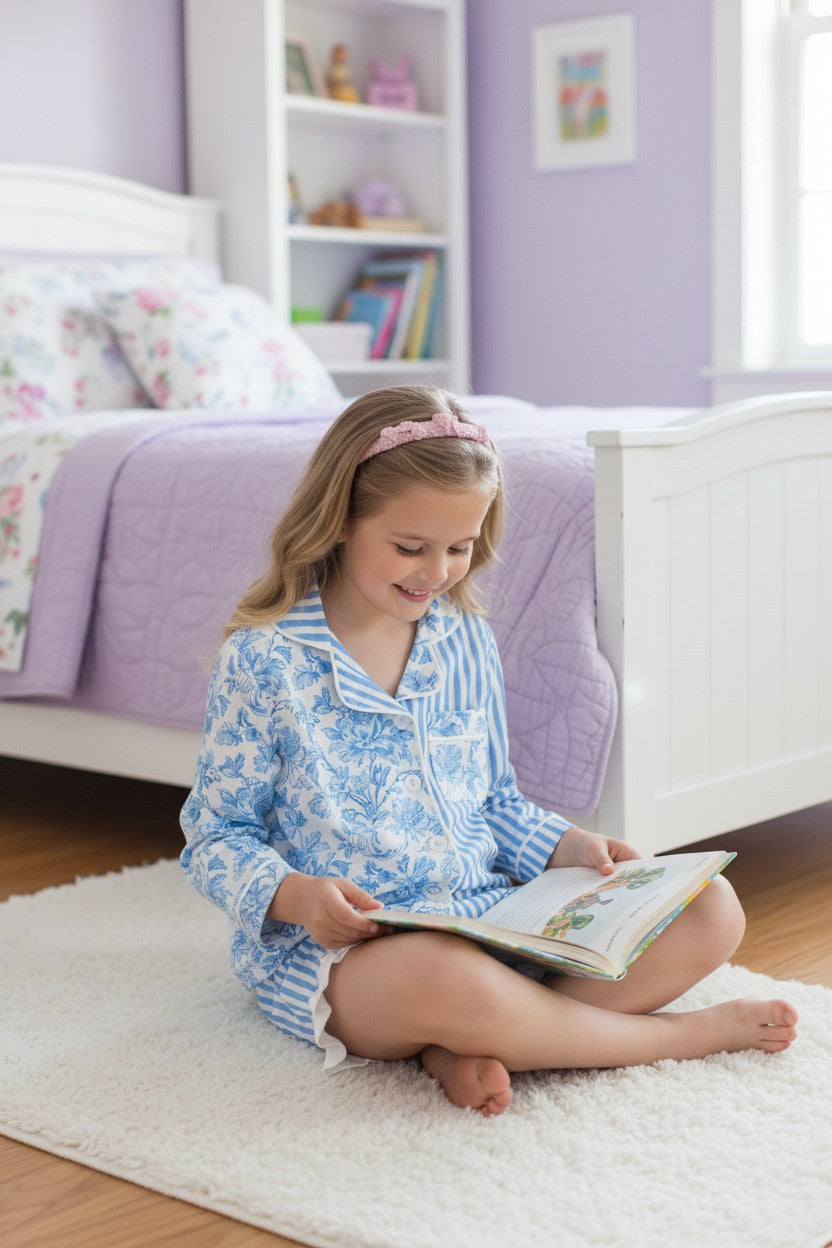 Blue Floral & stripe printed girls pajamas. PJG60438 S-