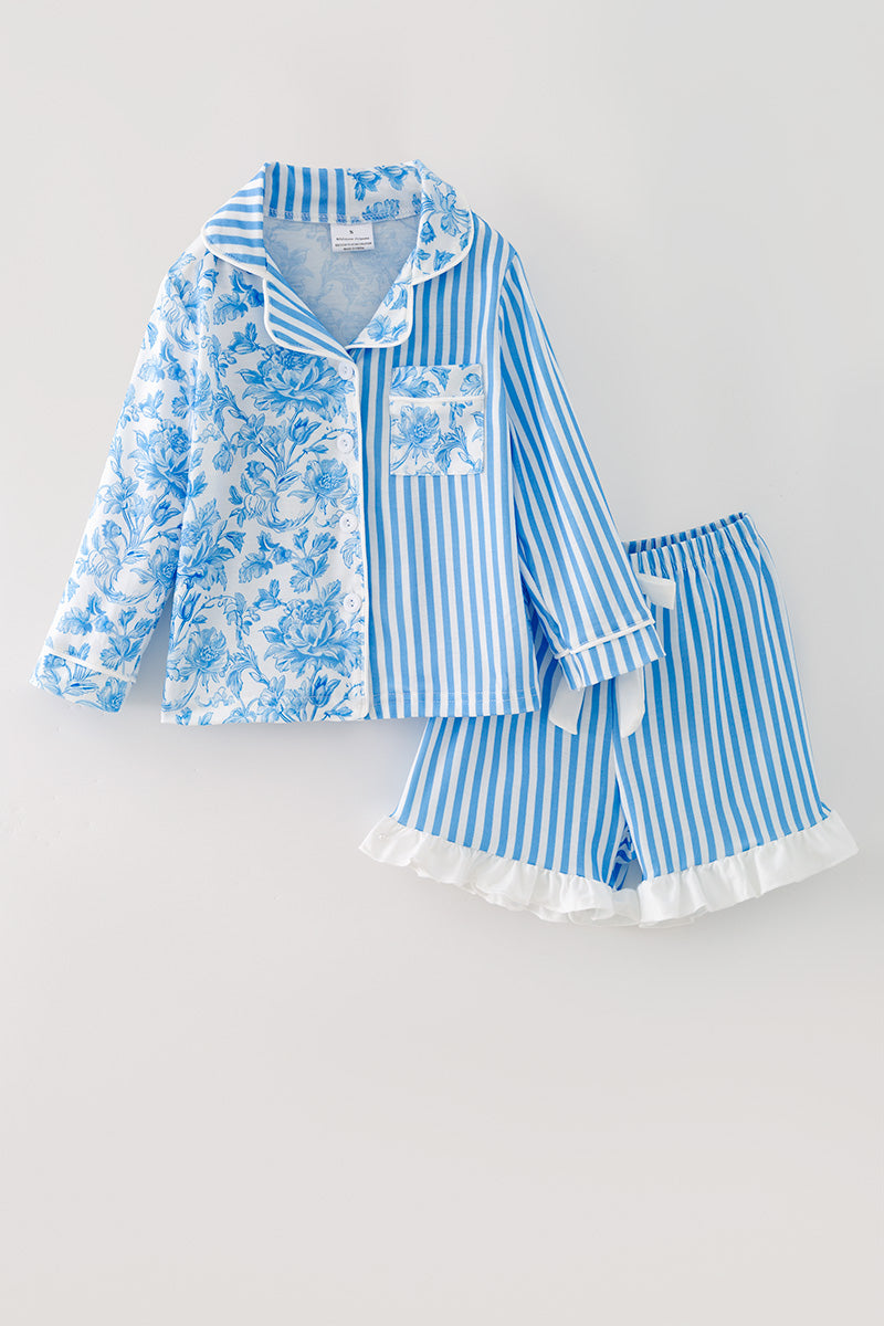 Blue Floral & stripe printed girls pajamas. PJG60438 S-