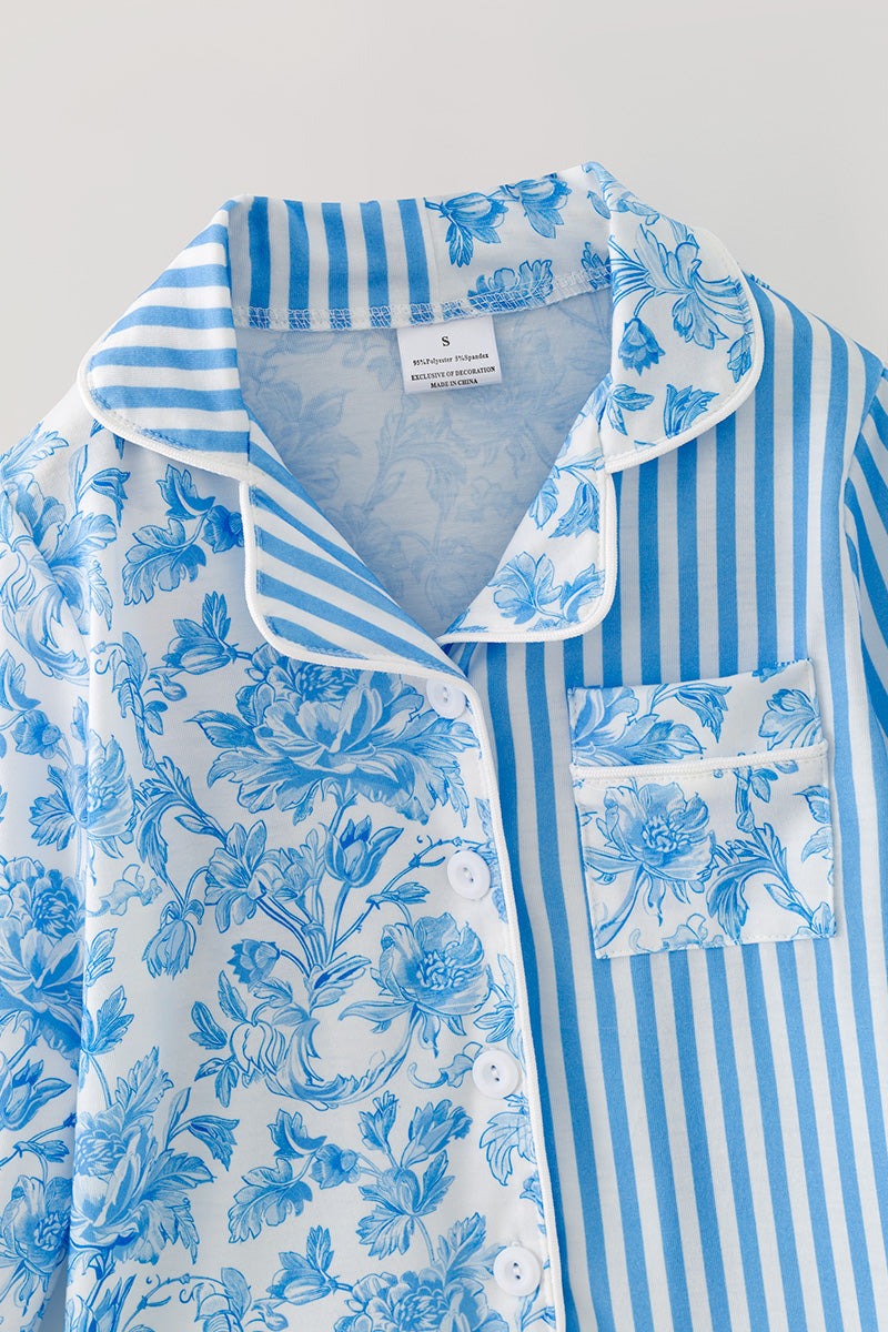 Blue Floral & stripe printed girls pajamas. PJG60438 S-