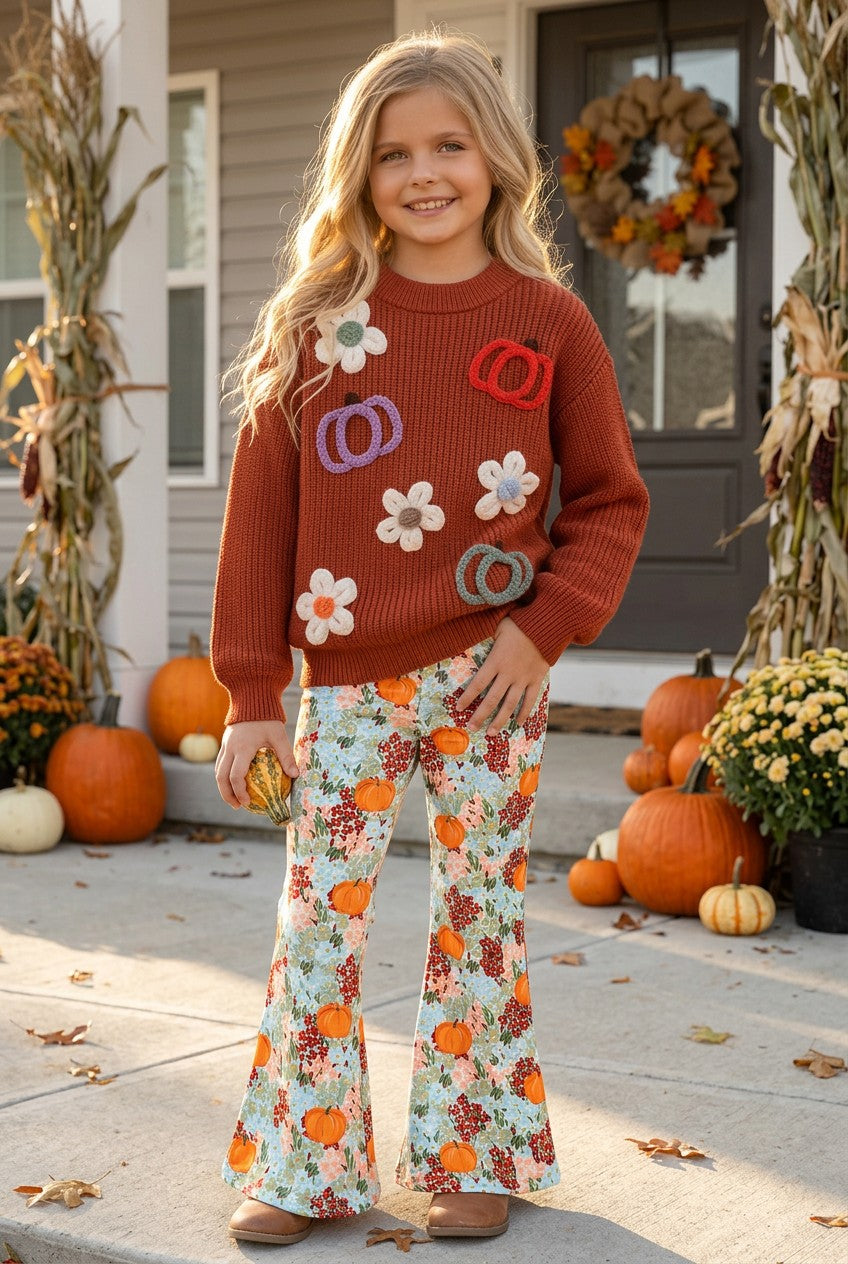 Pumpkin multi-printed bell bottoms. PNG60433 -S-
