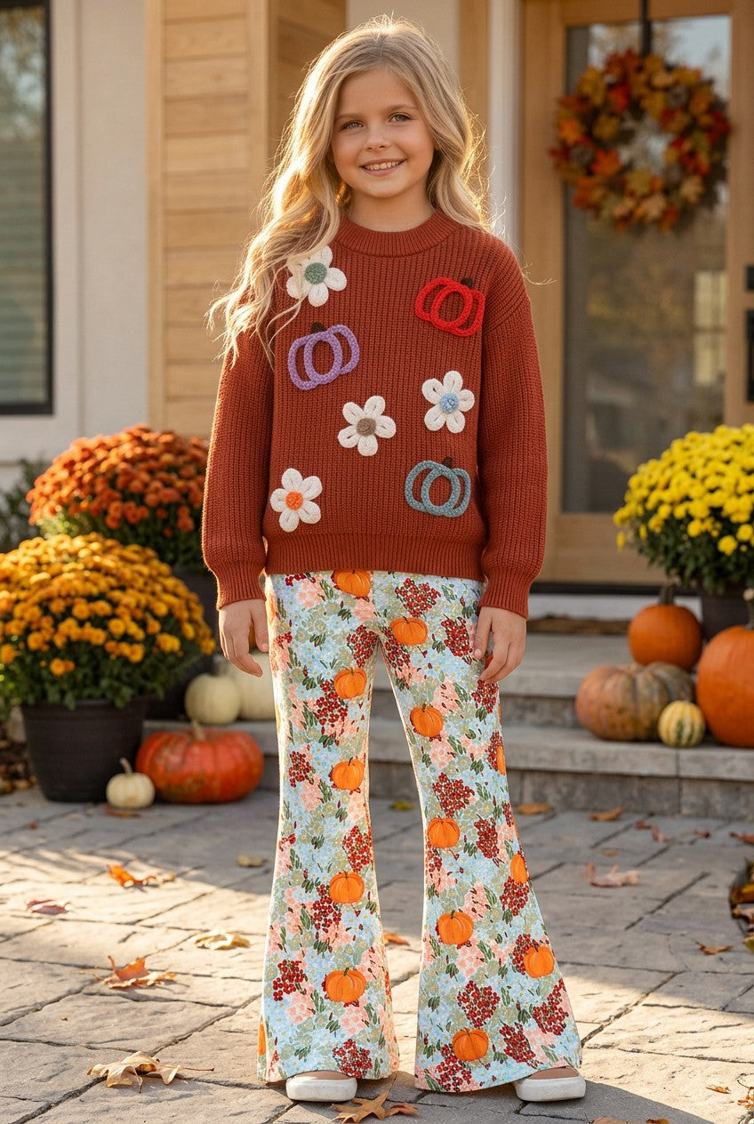 Pumpkin multi-printed bell bottoms. PNG60433 -S-