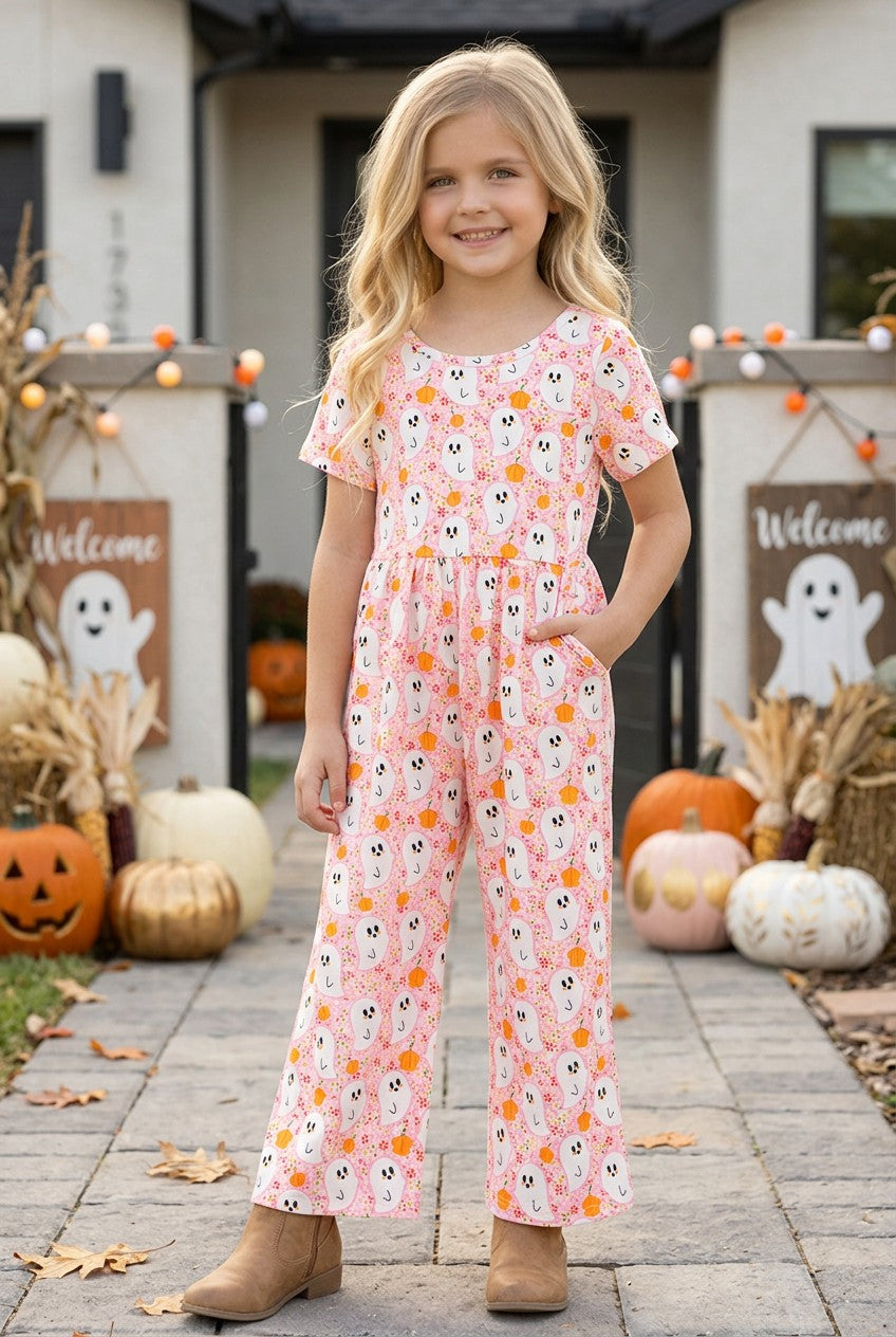 Lt. Pink ghost & pumpkin printed girls jumpsuit with pockets. PNG60537 -S-