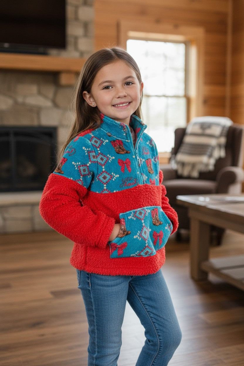 Sherpa Western printed on red pullover sweater.