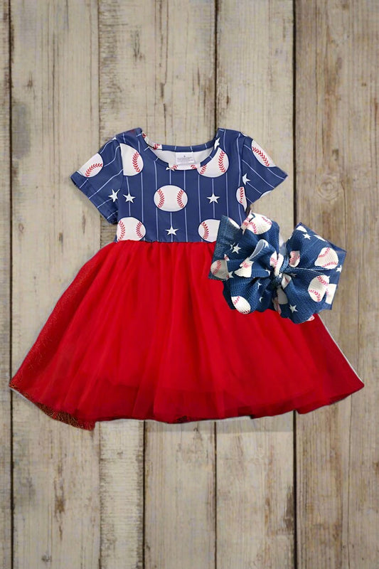 Navy Blue Baseball Printed & Red Tulle Dress