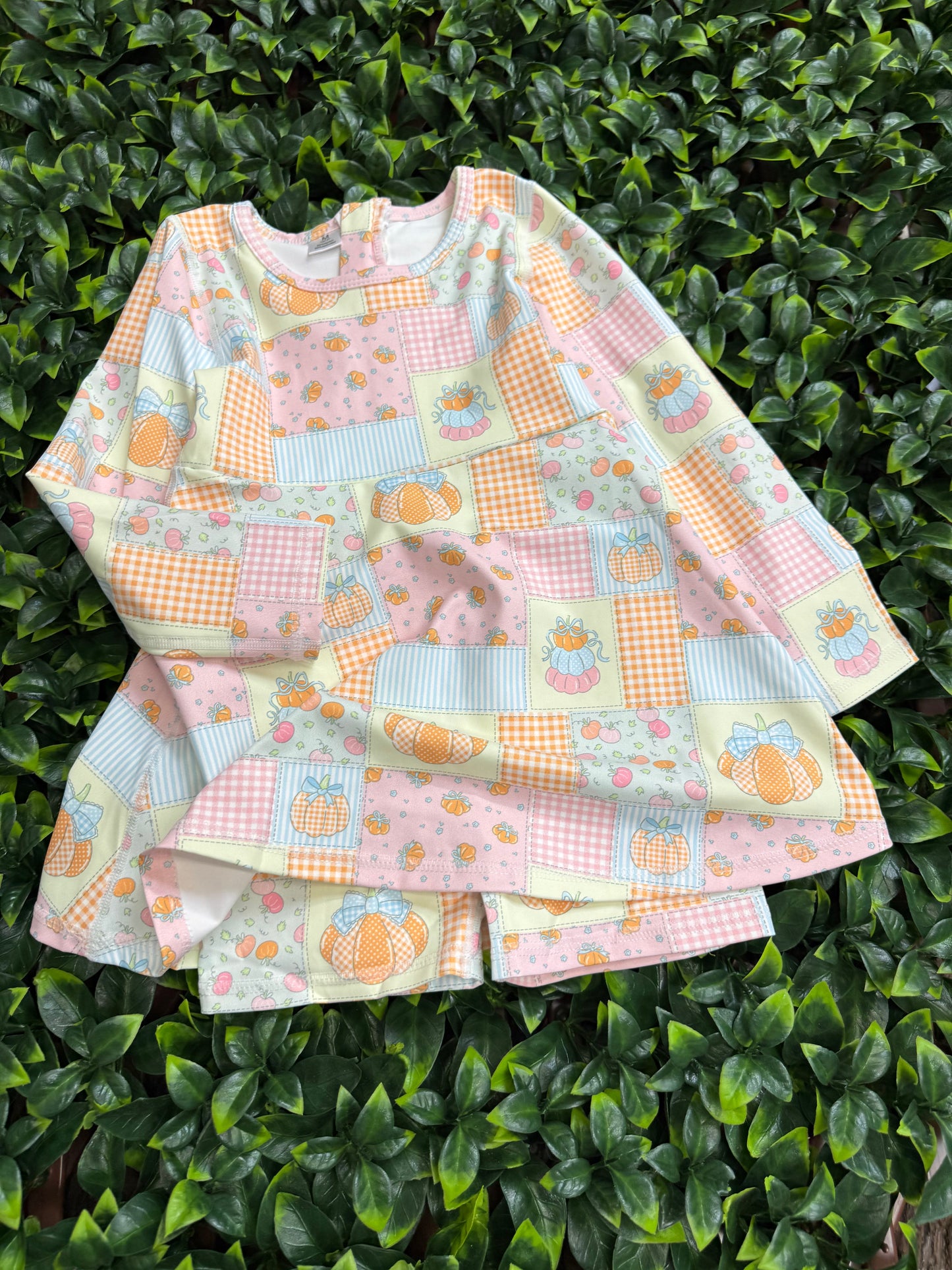 Patchwork  printed Active wear dress with undershorts. GLD0505-14-AMY