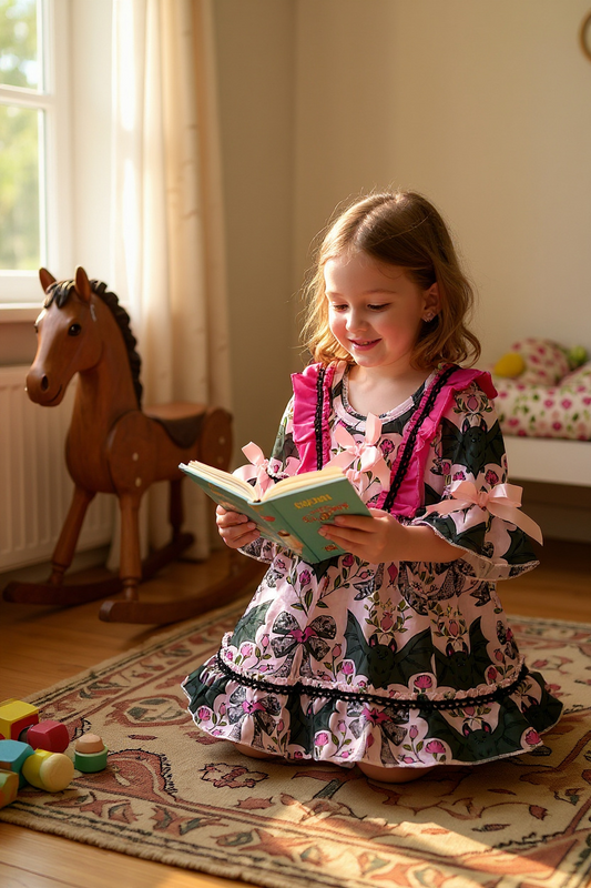 Bat multi printed girls ruffle hem dress.