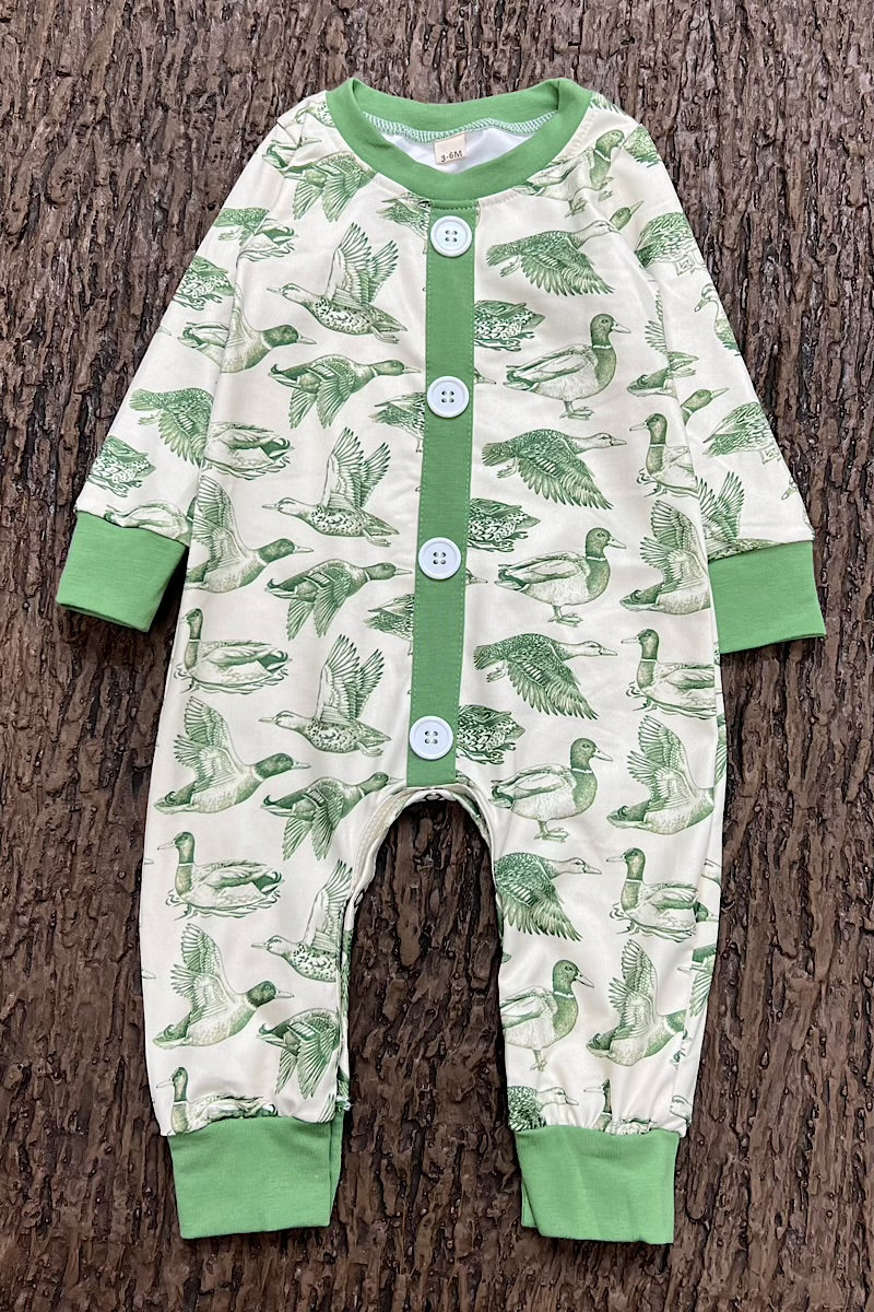 Green Duck printed baby romper with snaps. LR0425-11-MON