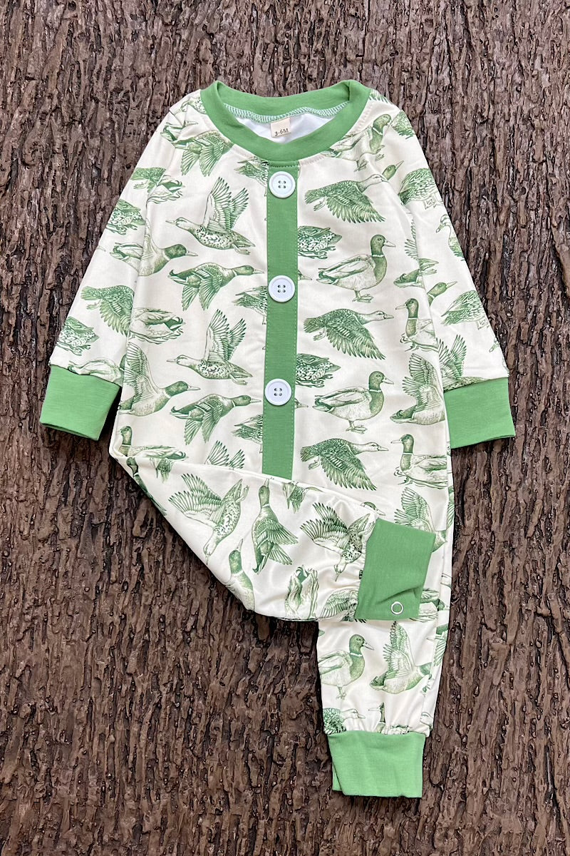 Green Duck printed baby romper with snaps. LR0425-11-MON
