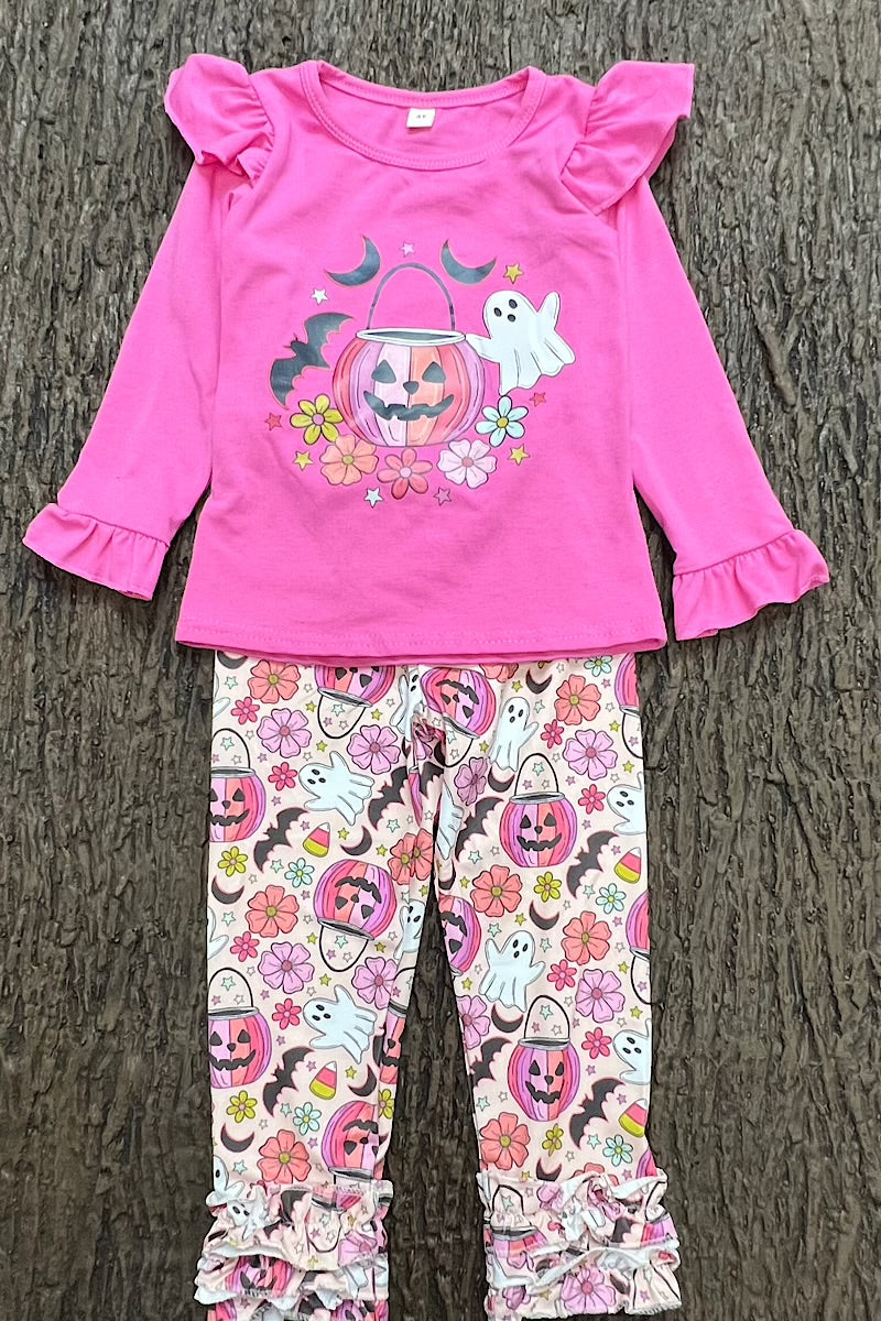 Fuchsia Halloween printed long sleeve top and printed leggings. GLP0505-17-Amy